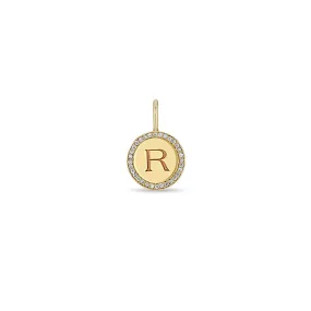 14k Single Medium Initial with Diamond Halo Disc Charm Pendant