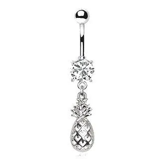 316L Stainless Steel Prong Set CZ Navel Ring with Pineapple Dangle