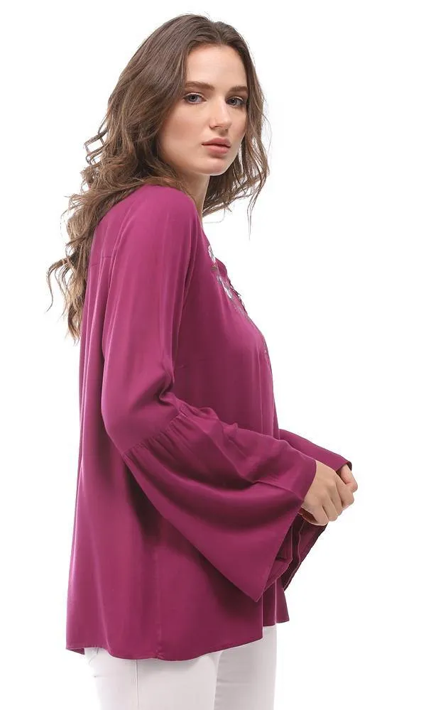 57118 Zipper V-Neck Embroidered Blouse - Purple