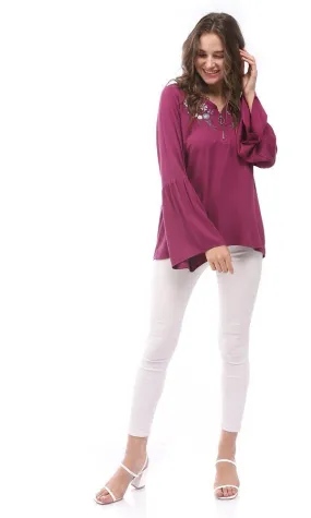 57118 Zipper V-Neck Embroidered Blouse - Purple