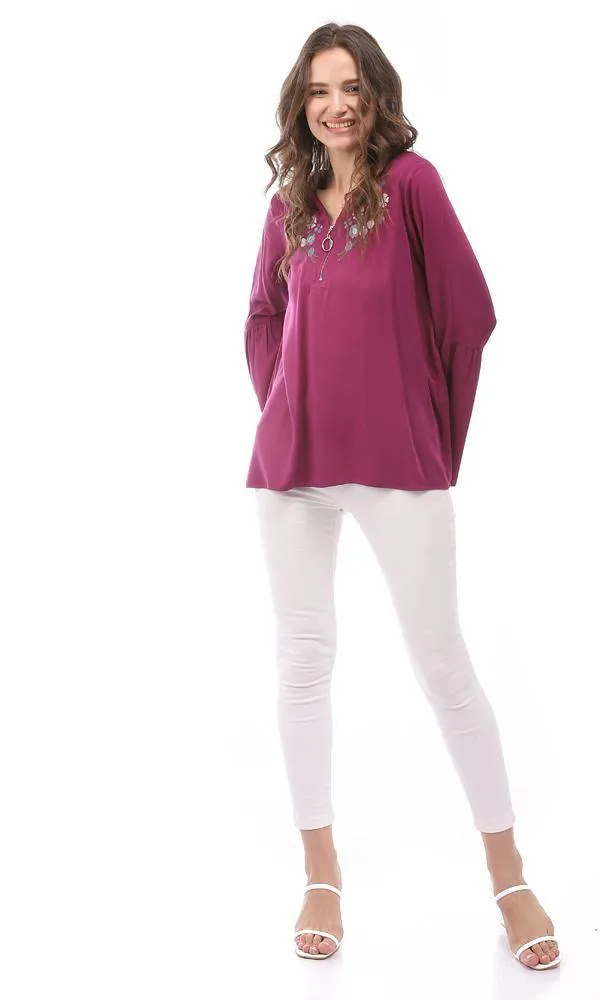 57118 Zipper V-Neck Embroidered Blouse - Purple