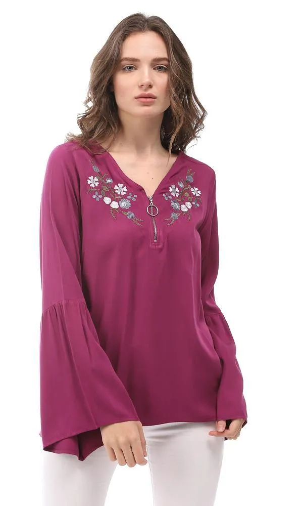 57118 Zipper V-Neck Embroidered Blouse - Purple