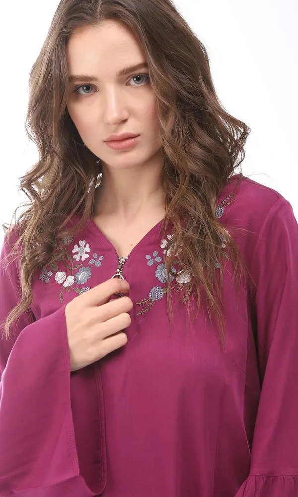 57118 Zipper V-Neck Embroidered Blouse - Purple