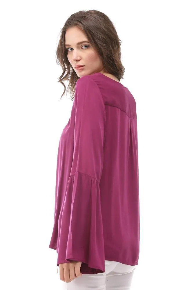 57118 Zipper V-Neck Embroidered Blouse - Purple