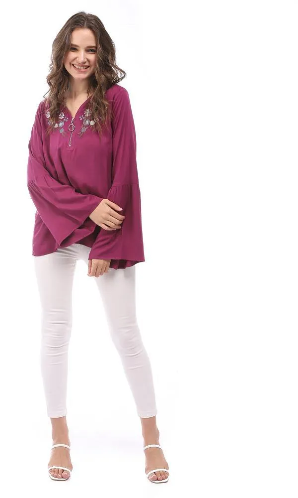 57118 Zipper V-Neck Embroidered Blouse - Purple