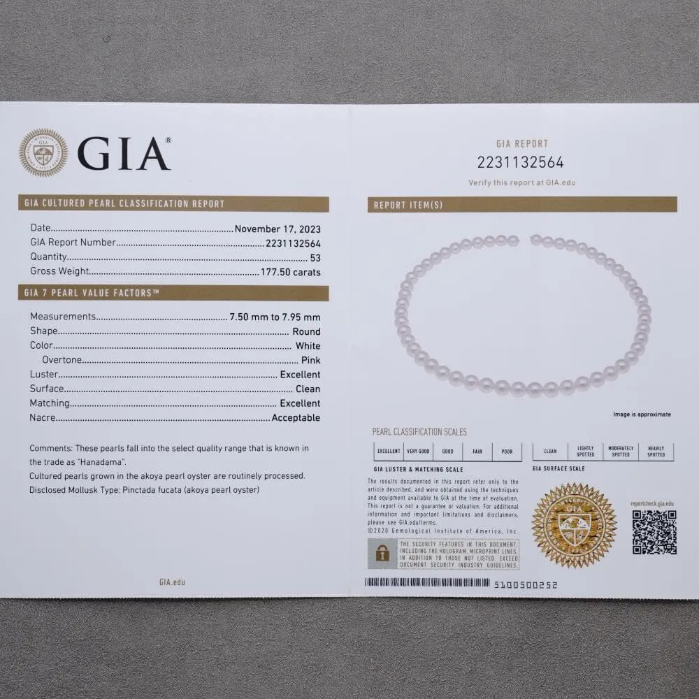 7.50-7.95 mm GIA Certified Hanadama Akoya Pearl Necklace