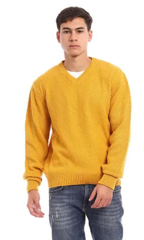 93569 Knitted V-Neck Slip On Acrylic Pullover - Mustard