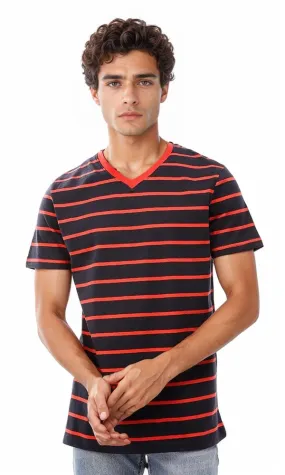 94970 Striped V-Neck Standard Fit T-Shirt - Navy Blue & Red