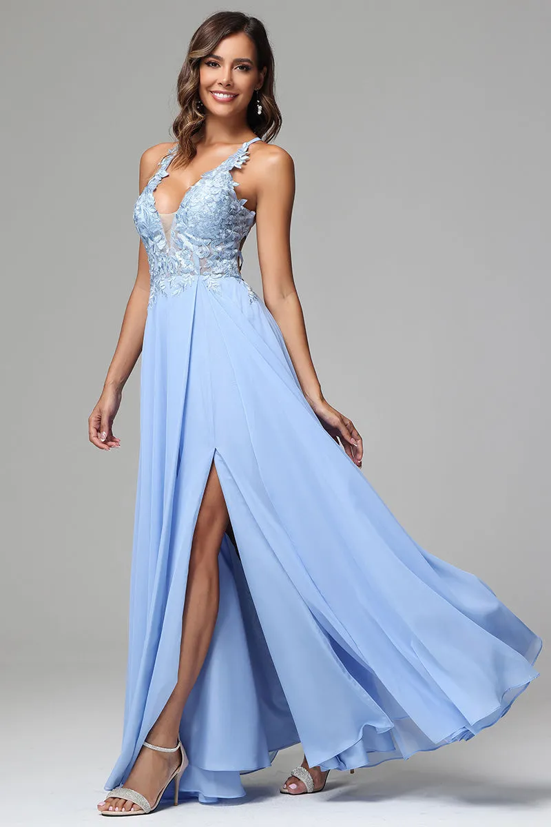 A-line V-neck Lace Appliqued Long Prom Dress with slit