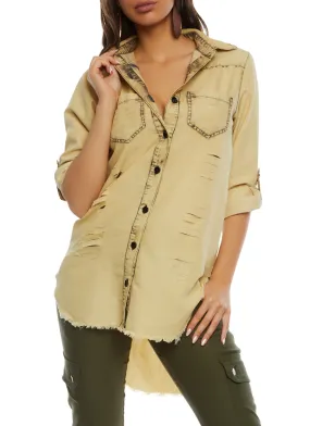 Acid Wash Fringe Hem Button Front Shirt