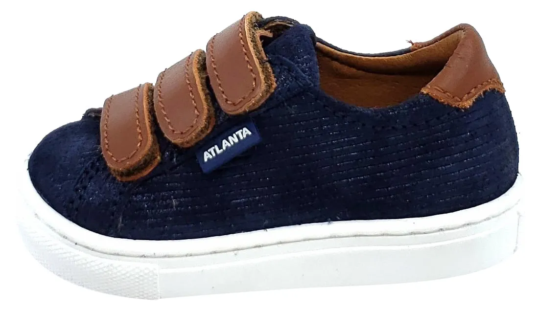 Atlanta Mocassin Boy's Triple Hook and Loop Closure Leather Sneakers, Navy/Brown