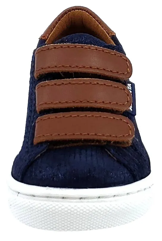 Atlanta Mocassin Boy's Triple Hook and Loop Closure Leather Sneakers, Navy/Brown