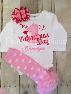 Baby Girls My 1st Valentine's Day Shirt or bodysuit -- First Valentine's Day personalized shirt, legwarmers and bow