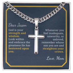 Baptism or Confirmation Gift For Son, Strength and Wisdom, Men's Christian Cross Necklace with Cuban Chain, Custom Name Message Card