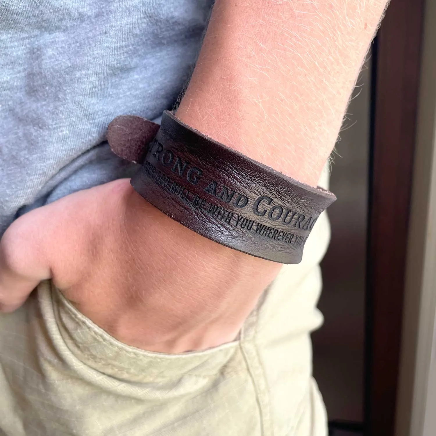 Be Strong and Courageous Joshua 1:9 Laser-Engraved Brown Leather Scripture Bracelet with Watch Band Clasp