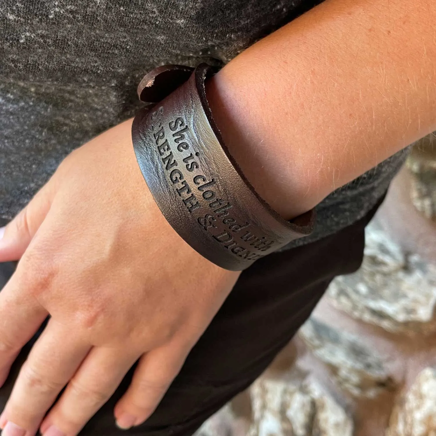 Be Strong and Courageous Joshua 1:9 Laser-Engraved Brown Leather Scripture Bracelet with Watch Band Clasp