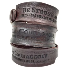 Be Strong and Courageous Joshua 1:9 Laser-Engraved Brown Leather Scripture Bracelet with Watch Band Clasp