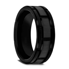 Black Tungsten Carbide Band with Brushed Center and Alternating Grooves