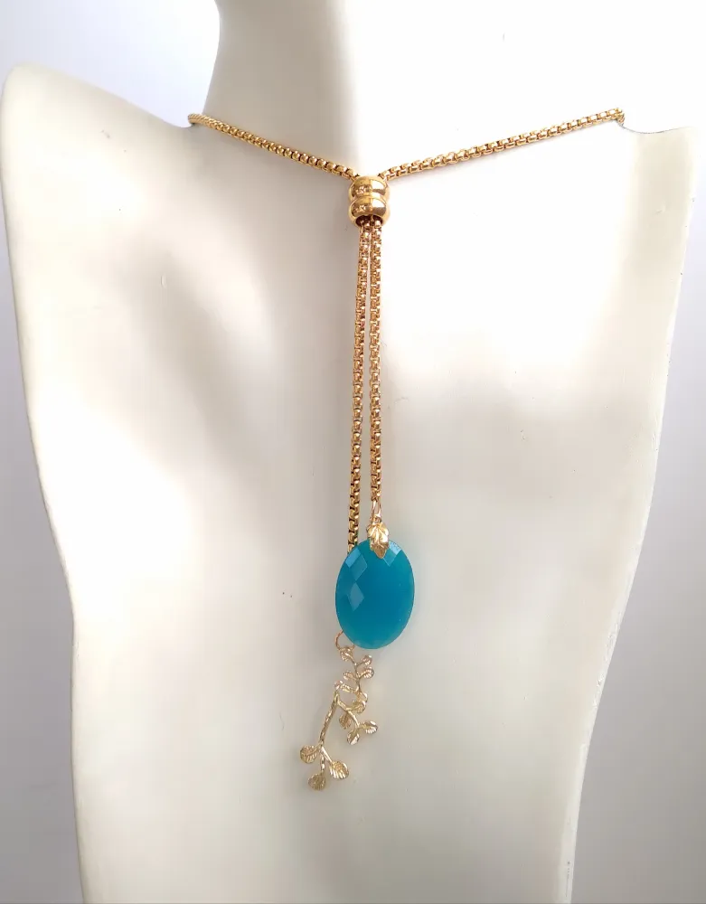 Blue Jade & Branches with Leaves Slider Necklace