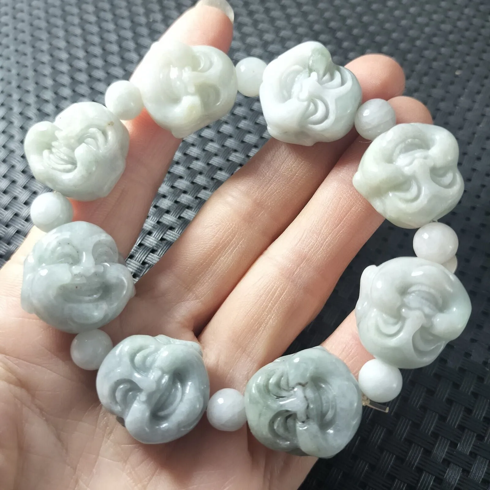 Certified Light Green Natural A Jadeite Carved Buddha Bead Stretchy Bracelet