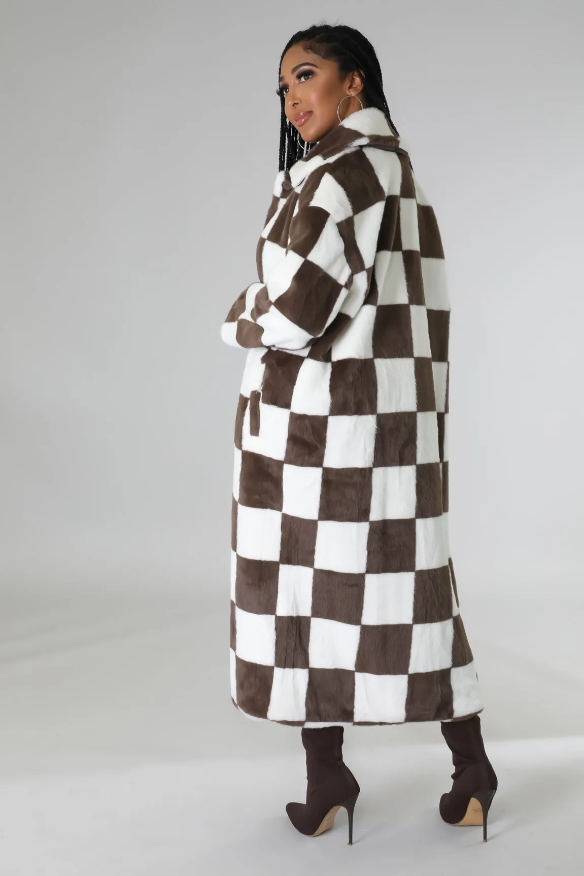 Checkered Faux Brown Coat