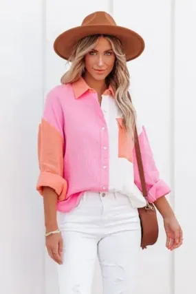 Contrast Patch Pocket Shirt | Pink