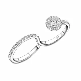 CZ Two Finger Ring Bezel Solitaire Ring Silver Adjustable