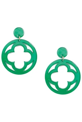 Deep Green Open Clover Resin Drop Earrings