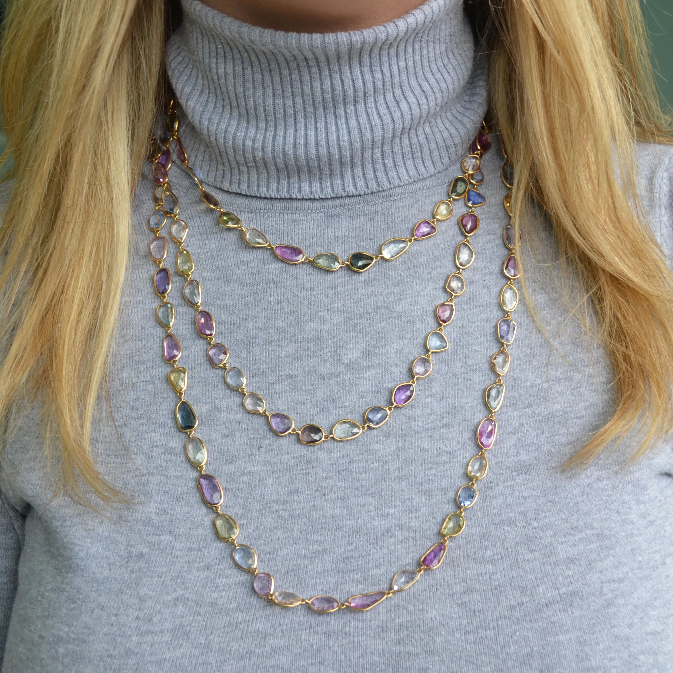 Eclat Jewels - One of a Kind Multi-color Sapphire Necklace, 18k Rose Gold