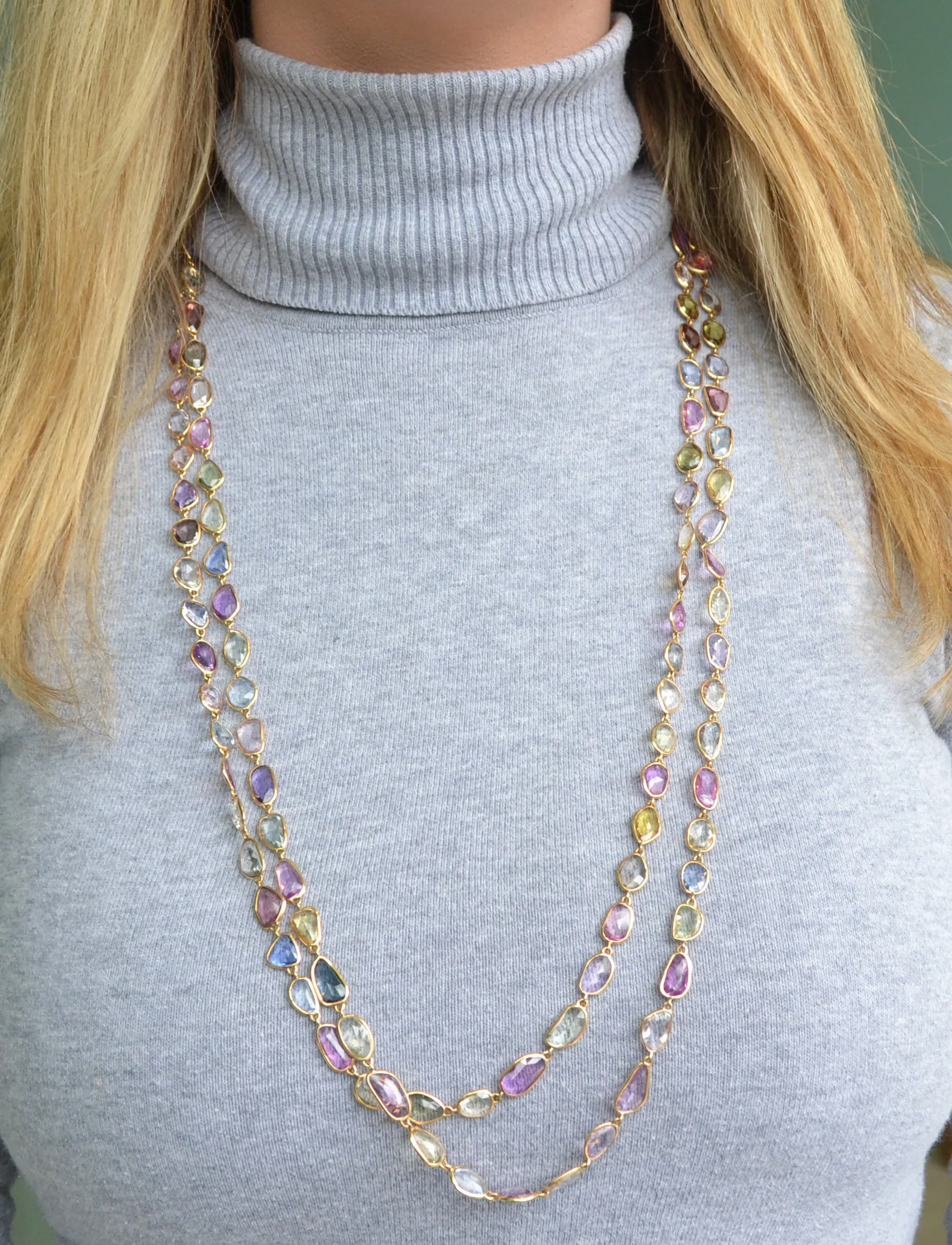 Eclat Jewels - One of a Kind Multi-color Sapphire Necklace, 18k Rose Gold