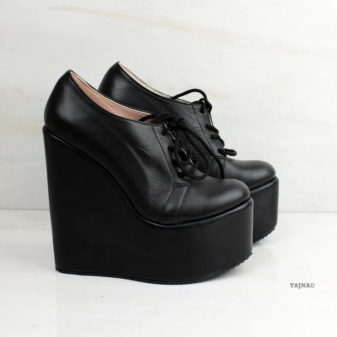 Genuine Leather Black Wedges Lace Up Platforms