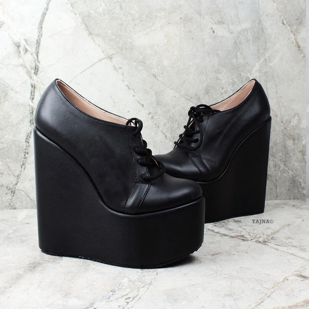 Genuine Leather Black Wedges Lace Up Platforms