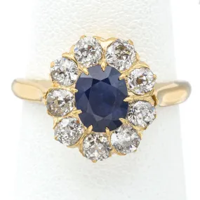 GIA Antique 18K Yellow Gold No Heat Sapphire & H/J VS-SI Diamond Ring