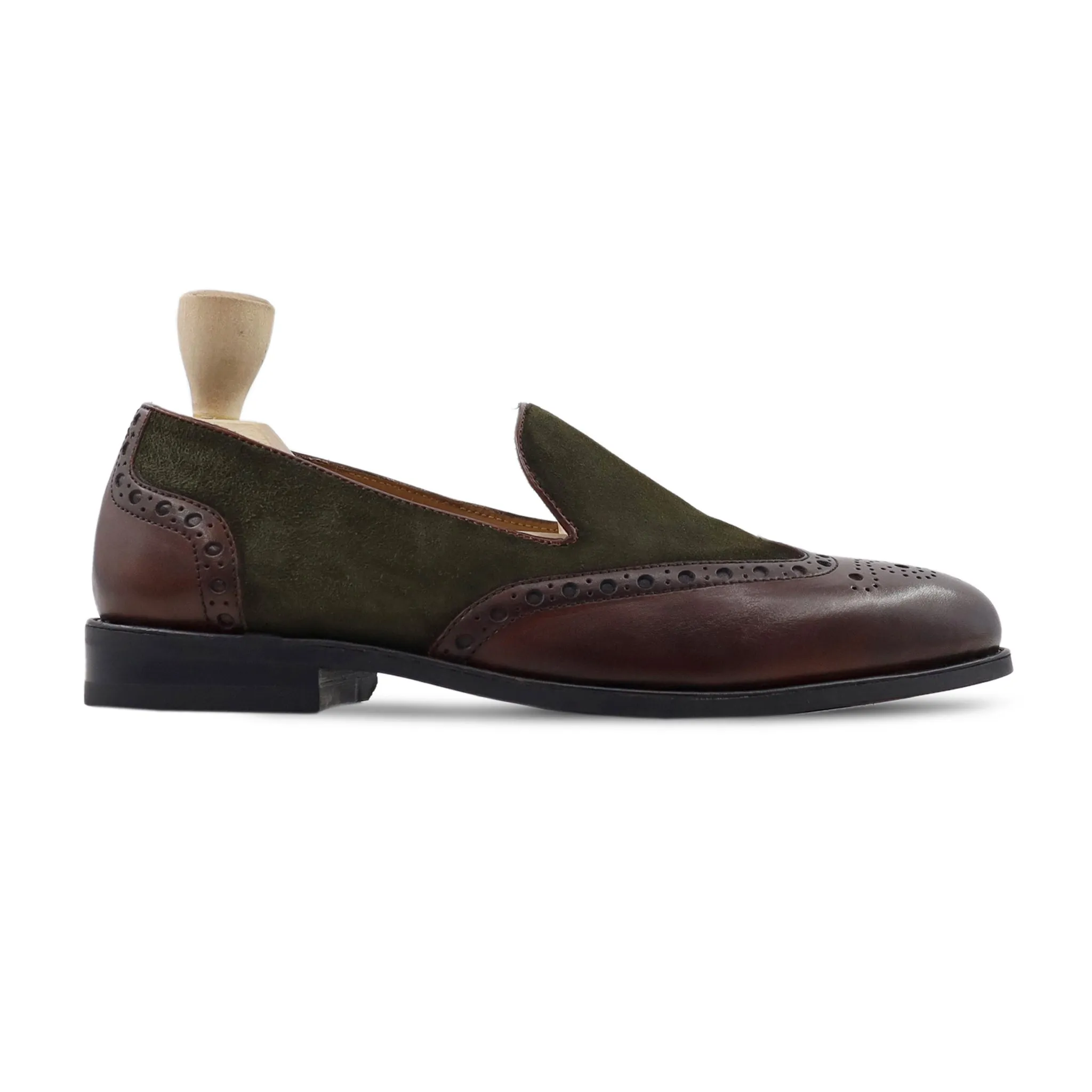 Kazan - Men's Brown Calf Leather And Green Kid Suede Loafer