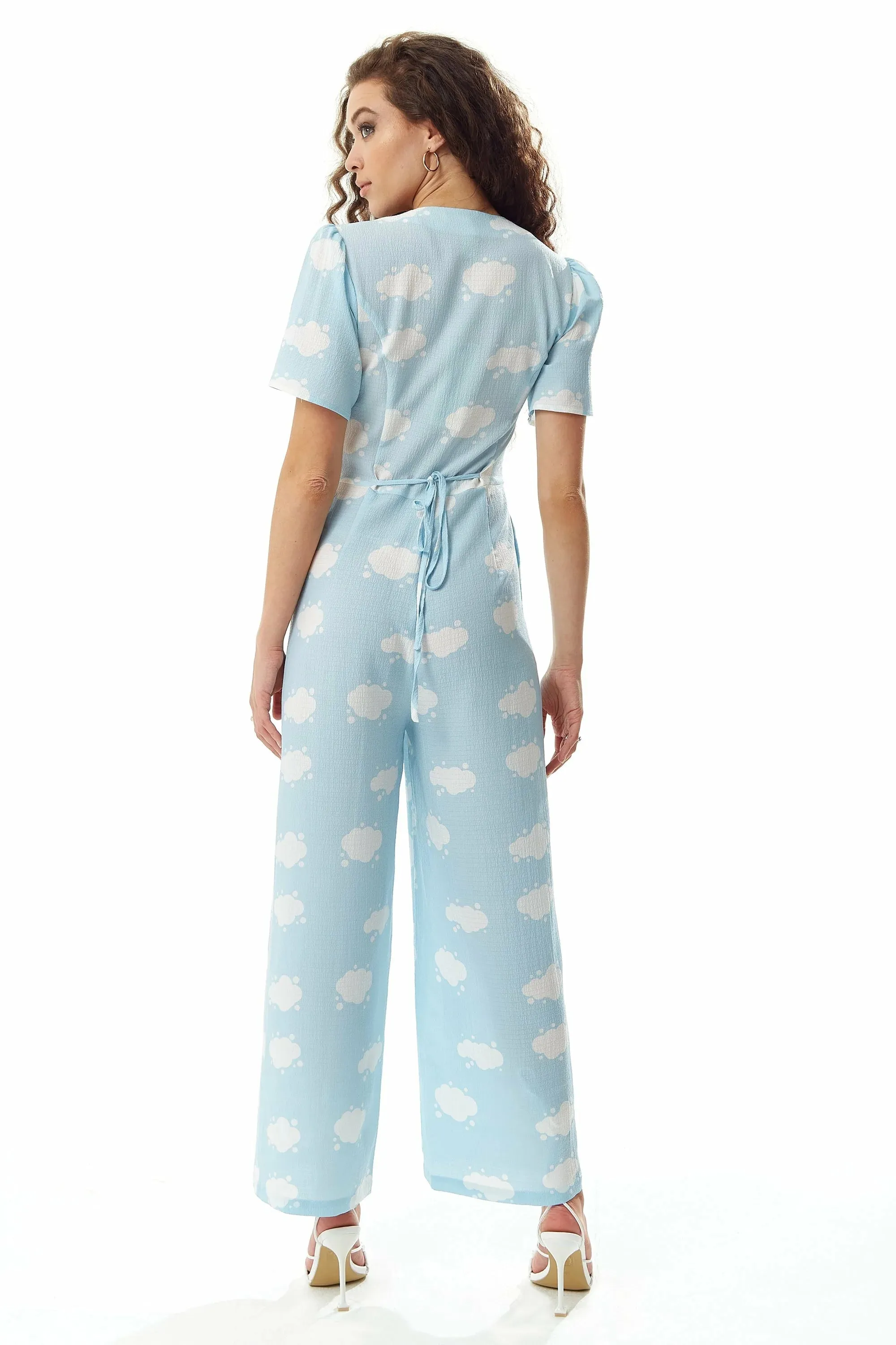 Liquorish Cloud Print Jumpsuit In Blue