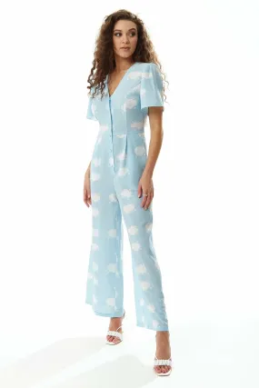 Liquorish Cloud Print Jumpsuit In Blue