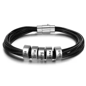 Personalized Men Leather Bracelet With 5 Names Beads