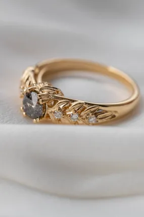 Salt and pepper diamond engagement ring, gold leaf engagement ring with diamonds / Silvestra