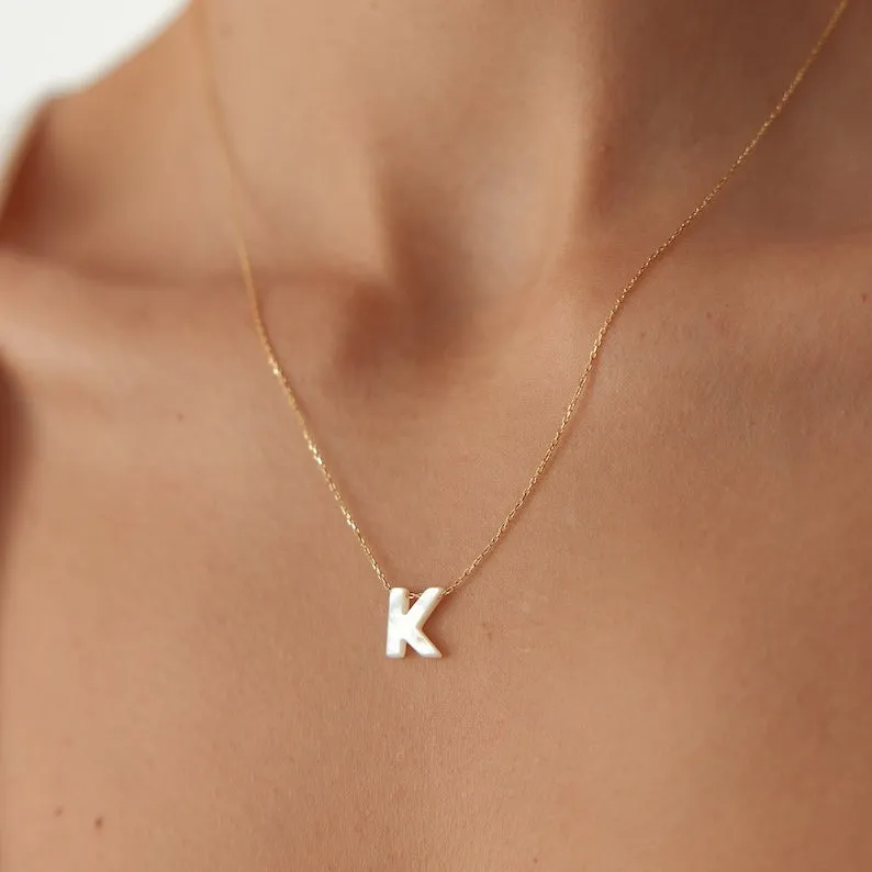 Sterling Silver Mother of Pearl Letter, Tiny Letter Necklace, Alphabet Necklace, Custom Necklace, Silver Initial Necklace, Gift for Her