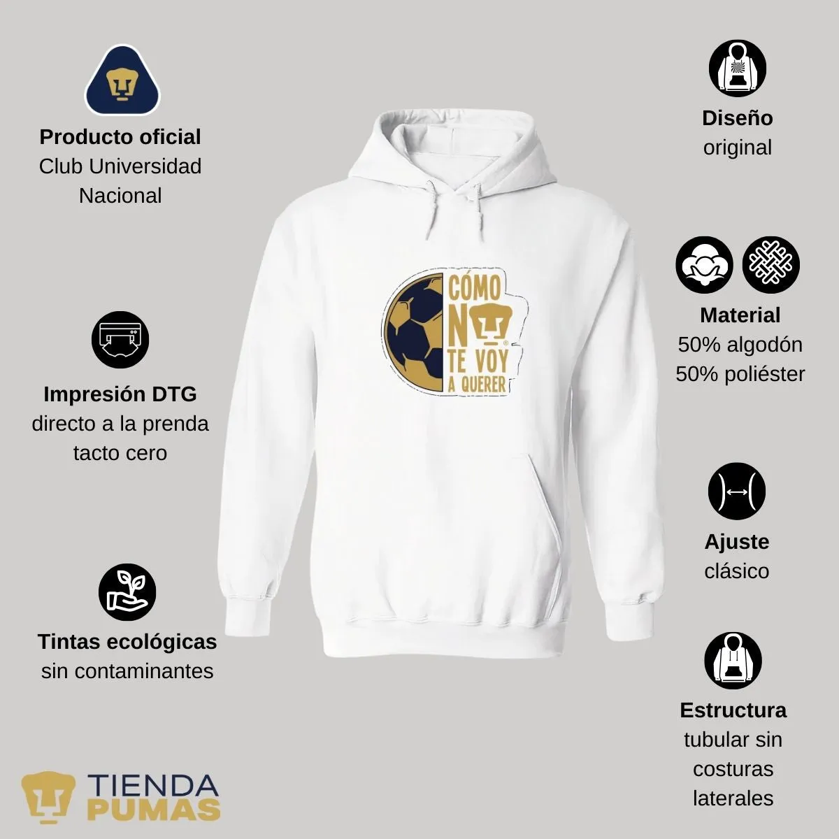 Sudadera Hombre Hoodie Pumas UNAM Medio Balón