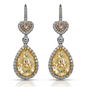 TAYLOR 12 CARAT FANCY YELLOW PEAR  AND HEART SHAPE PINK DIAMOND DROP EARRINGS  IN PLATINUM GIA CERTIFIED BY MIKE NEKTA